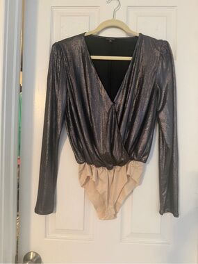 Shimmery Charcoal Wrap Bodysuit with Nude Ruffle Bottom